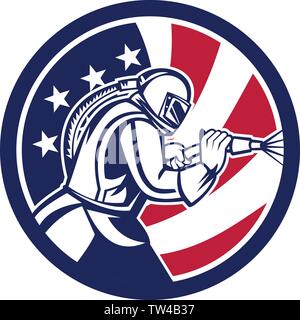 Icône mascotte illustration d'une sableuse américain ou sand blaster sablage vu de côté situé à l'intérieur du cercle avec USA stars and stripes fl Illustration de Vecteur