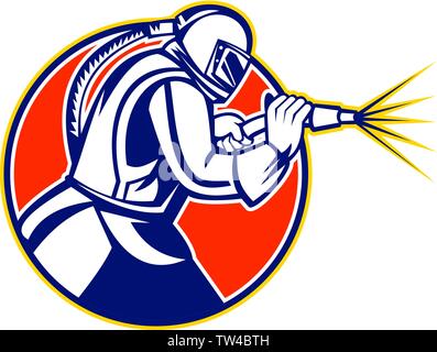 Icône mascotte illustration d'une sableuse ou sand blaster sablage vu de côté situé à l'intérieur du cercle sur fond isolé en style rétro. Illustration de Vecteur