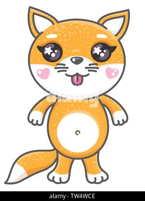 Cute fox cartoon vector illustration. Smiling bébé animal foxy en style kawaii isolé sur fond blanc. Illustration de Vecteur