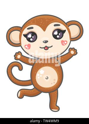 Cute monkey cartoon vector illustration. Smiling bébé animal singe dans le style kawaii isolé sur fond blanc. Illustration de Vecteur