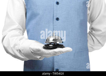 Man holding bell sur fond blanc, gros plan Banque D'Images