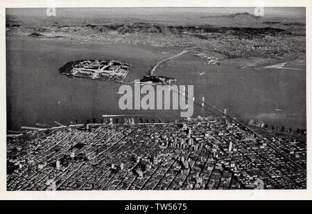 Vue aérienne de la région de la baie de San Francisco CA, vieille carte postale. Banque D'Images