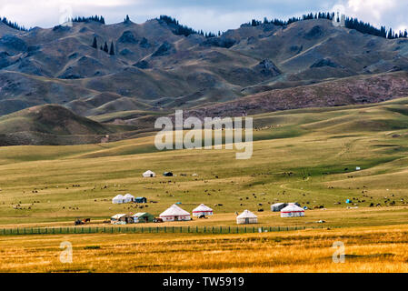 Yourte et des moutons sur les pâturages en Mt. (Tianshan Heavenly Mountain), le lac Sayram, Yining (Ghulja), la Province du Xinjiang, Chine Banque D'Images