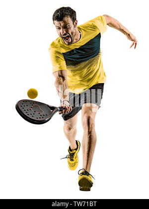 Un homme de race blanche jouer au paddle-tennis player isolé sur fond blanc Banque D'Images