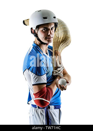 Un caucasian Jai alai pelote basque Cesta Punta player homme isolé sur fond blanc silhouette Banque D'Images