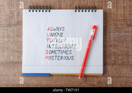 Expansion des abréviations pour mot 'Autisme' dans le bloc-notes sur fond de bois Banque D'Images