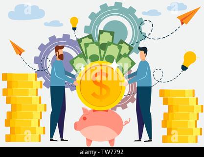 Businessman économiser de l'argent et l'investissement concept. Une grande tirelire sous la forme d'un porcelet, les services financiers, les petits banquiers sont engagés dans le travail, sa Illustration de Vecteur