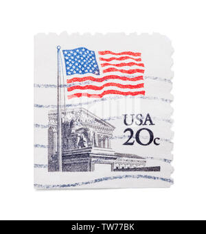 Ancien drapeau USA Stamp isolé sur fond blanc. Banque D'Images