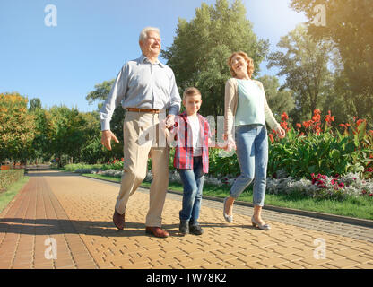 Couple de personnes âgées avec petit-fils walking in park Banque D'Images