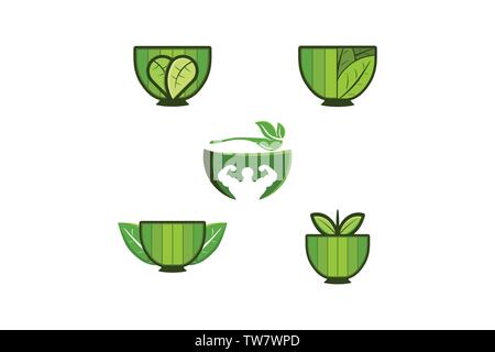 Set bol et leaf, aliments sains dessins de logos Inspiration isolé sur fond blanc Illustration de Vecteur