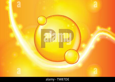 Vitamine PP brillant or comprimé capsule de l'icône . Complexe de vitamines avec formule chimique. shine gold sparkles. médicale et pharmaceutique d'annonces. Vector illustr Illustration de Vecteur