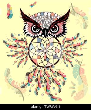 Décoré à la main, des symboles spirituels et totémiques mascot hibou avec le Dream Catcher et mandala. Style Boho. Illustration de Vecteur