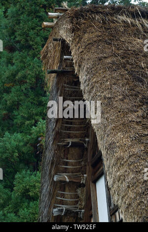 Style Gassho japonais historique maison rurale au toit de détails architecturaux. Ainokura village, préfecture de Toyama, au Japon. Gasshō-zukuri Minka 民家 合掌造 Banque D'Images