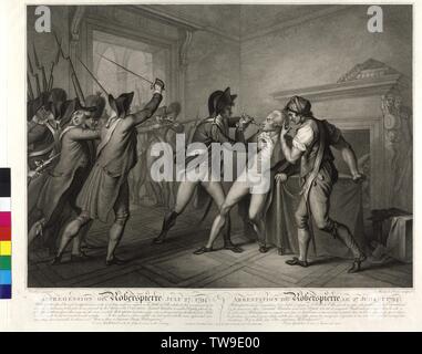 L'arrestation de Robespierre le 27. Juillet 1794, gravure sur cuivre et pointillés par Michael Sloan basé sur la peinture par G. P. Additional-Rights Clearance-Info-coiffure,-Not-Available Banque D'Images