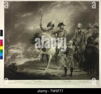 George III, roi d'Angleterre, de l'image équestre de George III, roi d'Angleterre lors d'une visite des troupes, avec ses fils George, Prince de Galles (réussir le roi George IV) et Frederick Août, duc de York et Albany, et le generalss Sir William Fawcett, Sir David Dundas et Philip Goldsworthy. gravure / gravure par James devenir basé sur une peinture par Sir William Beechey, Additional-Rights Clearance-Info-Not-Available- Banque D'Images