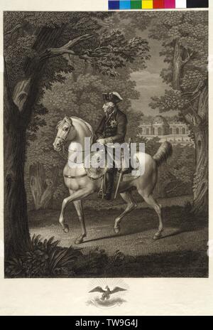 Frédéric II, roi de Prusse, photo à cheval dans le parc du palais de Sanssouci. gravure sur cuivre / gravure par Meno Haas basé sur un dessin de Louis Loup, Additional-Rights Clearance-Info-Not-Available- Banque D'Images