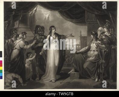 Timoclea est présenté à Alexandre, Timoclea a été portée à Alexander par soldats thraces, elle a tué un soldat, qui elle est prévue. Elle fièrement en face de Alexander et gesticulant est, au cours d'une femme essayant de retarder son Haveill Gillbank, mezzotinte par basé sur la peinture par Henry Singleton, Additional-Rights Clearance-Info-Not-Available- Banque D'Images