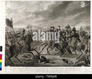 Plus tard le roi Guillaume II des Pays-Bas sur le cheval dans la bataille de Waterloo, scène de la dernière phase de la bataille de Waterloo, le 18.6.1815. dans la case que l'avance des troupes alliés sa victoire signalée est le prince Guillaume d'Orange, le plus tard le roi Guillaume II des Pays-Bas, frappé. Le prince à cheval, tenant son épaule blesser vous-mêmes et n'est par son accompagnateur trademarked. au premier plan personne tuée en action par un Écossais de régimentaires. le droit d'un cavalier avec une victoire française bannière avec le nom du boucher de sl, l'artiste n'a pas d'auteur pour être effacé Banque D'Images