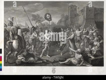 Triomphe de la David, scène de l'Ancien Testament, 1er livre de Samuel, 54 : David jerk ont du succès avec la tête de la gigantesque Goliath sur une tige à Jérusalem et y a-t-il d'une nation et le musicien recevoir. Squire est il des soldats, le casque, la lance et le Goliath de greaves barrows gravure sur cuivre par Paolo Caronni basée sur la peinture de Domenico Zampieri, gène. Condition Domenichino en face de dévouement au prince Clemens Wenzel Lothar Metternich, cependant, avec son blason,-Additional-Rights Clearance-Info-Not-Available Banque D'Images