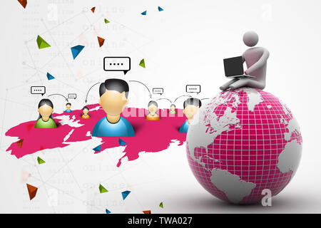 Homme assis sur un globe avec l'ordinateur portable. Sur le toit du monde. Banque D'Images