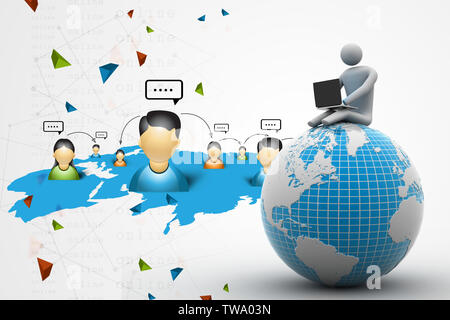 Homme assis sur un globe avec l'ordinateur portable. Sur le toit du monde. Banque D'Images