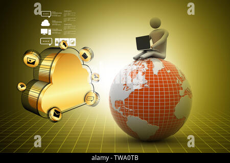 Homme assis sur un globe avec l'ordinateur portable. Sur le toit du monde. Banque D'Images