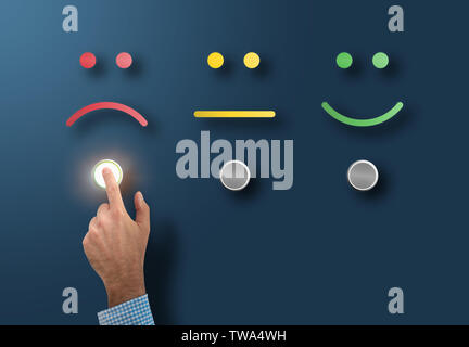 Note de service à la clientèle et de l'enquête concept avec des clients insatisfaits de toucher le bouton d'interface avec visage triste Banque D'Images