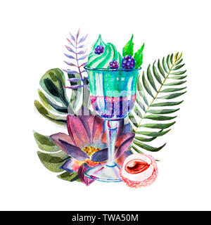 Aquarelle composition tropical avec de la crème glacée dessert sur un arrière-plan lumineux avec des fruits, des feuilles de palmier et des fleurs Banque D'Images