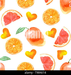L'Aquarelle transparente avec motif tropical orange, pamplemousse, orange et mangue coeur isolé sur fond blanc Banque D'Images