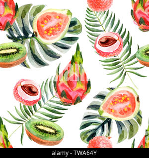 L'Aquarelle transparente avec motif tropical pitahayas, goyave, litchi, kiwi isolé sur fond blanc Banque D'Images