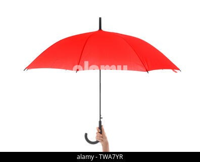 Femme tenant un parapluie rouge sur fond blanc Banque D'Images