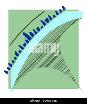 Illustration inhabituelle du tourbillon bleu avec des formes sur fond vert. L'impression. Formes et bordée d'arbres Banque D'Images