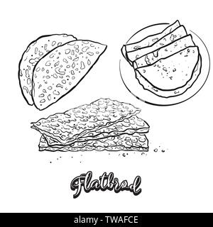 Esquisse sur l'alimentation Flatbrød tableau. Dessin vectoriel d'un pain plat, généralement connu en Norvège. Illustration alimentaire série. Illustration de Vecteur