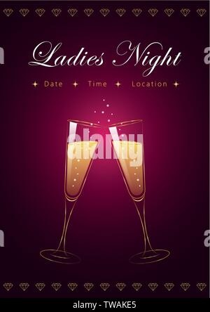 Ladies Night party poster avec verres de champagne et les diamants vector illustration EPS10 Illustration de Vecteur