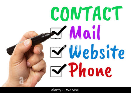 Man checking mail et téléphone de contact site web méthodes avec marqueur noir écrit en texte colorées isolé sur fond blanc Banque D'Images