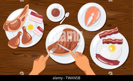 Personne qui mange des plats à base de viande télévision vector illustration. Carnivore, zero carb régime. Repas de perte de poids, une alimentation saine. Les produits animaux repas sur assiettes. Rura Illustration de Vecteur