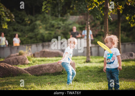 Famille des frisbees on meadow in park Banque D'Images