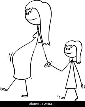 Vector cartoon stick figure dessin illustration conceptuelle de femme enceinte ou mère ou maman avec petite fille ou une fille. Ils sont à pied et tenir la main. Illustration de Vecteur