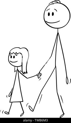 Vector cartoon stick figure dessin illustration conceptuelle de l'homme o père ou papa avec petite fille ou fille. Ils sont à pied et tenir la main. Illustration de Vecteur