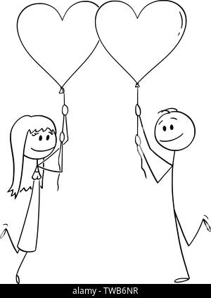 Vector cartoon stick figure dessin illustration conceptuelle du couple hétérosexuel de l'homme et de la femme sur les ballons en forme coeur holding date et souriant. Illustration de Vecteur