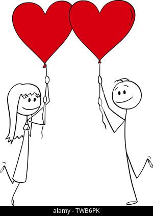 Vector cartoon stick figure dessin illustration conceptuelle du couple hétérosexuel de l'homme et de la femme à la date holding red heart shaped balloons et souriant. Illustration de Vecteur