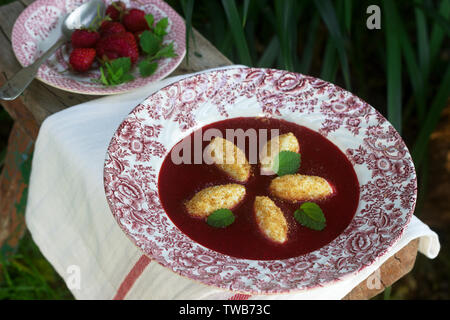 Gnocchi au fromage cottage avec sauce aux fraises et de feuilles de mélisse sur l'arrière-plan de le jardin d'été. De style rustique, selective focus. Banque D'Images