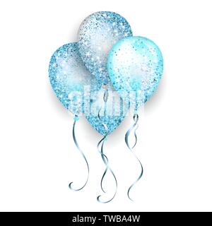 Brillant bleu brillant de vol 3D réaliste avec des ballons à l'hélium et du ruban d'or glitter sparkles, parfait pour la décoration d'anniversaire brochures, invitati Illustration de Vecteur