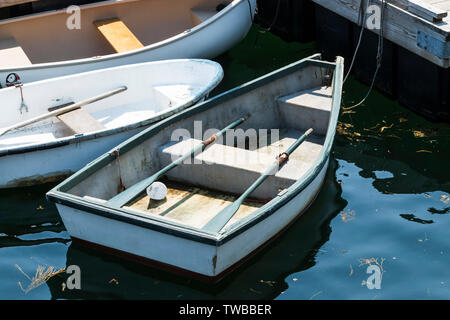 Bateaux à rames liée à la station dans le Maine aux algues flottant autour de eux. Banque D'Images