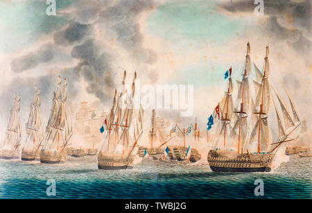 Scène de la bataille de Trafalgar, HMS Victory à Trafalgar, dans la première ligne, gravure, 1843 Banque D'Images