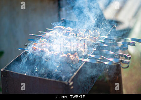 Shish kebab la cuisson en plein air en été. brochettes barbecue sur le grill frit dans la fumée provenant de la combustion. Banque D'Images