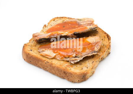 L'Asda étamé Smart : sardines en sauce tomate, pris dans l'Est de l'Atlantique central et servie sur des toasts. Photographié sur un fond blanc. L'Engl Banque D'Images