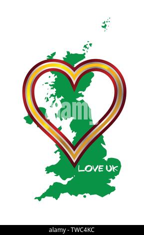 Contour plan du Royaume-Uni avec coeur d'amour et de l'amour UK text Illustration de Vecteur