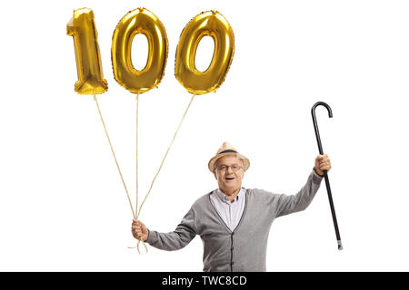 Happy avec un nombre d'or et une canne ballon cent isolé sur fond blanc Banque D'Images