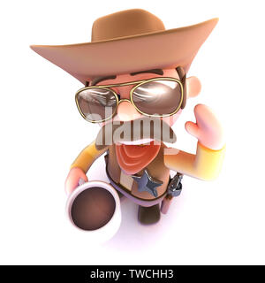 3D render of a funny cartoon cowboy de boire une tasse de café Banque D'Images